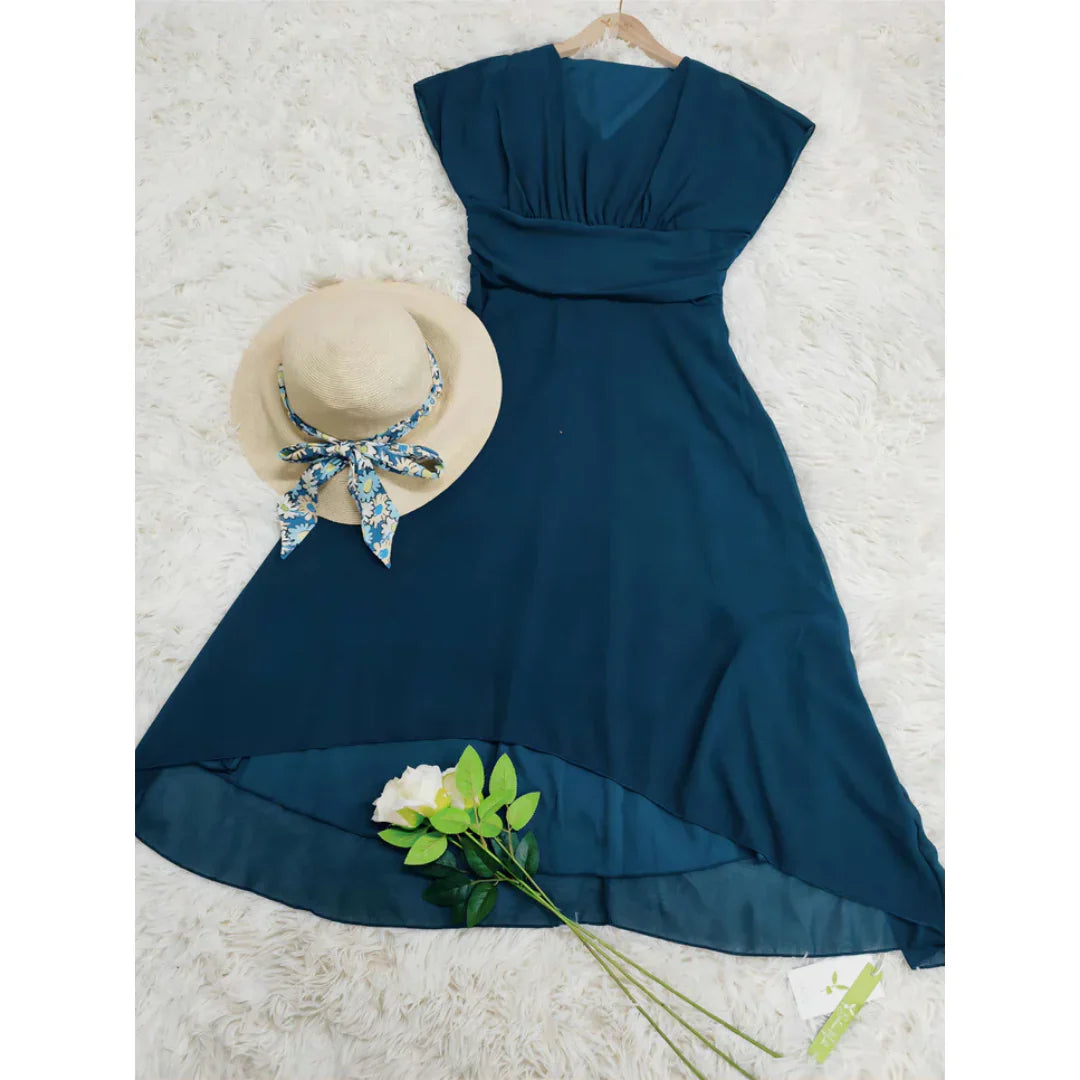 Femme Col V Manches Courtes Robe Élégante | Midi