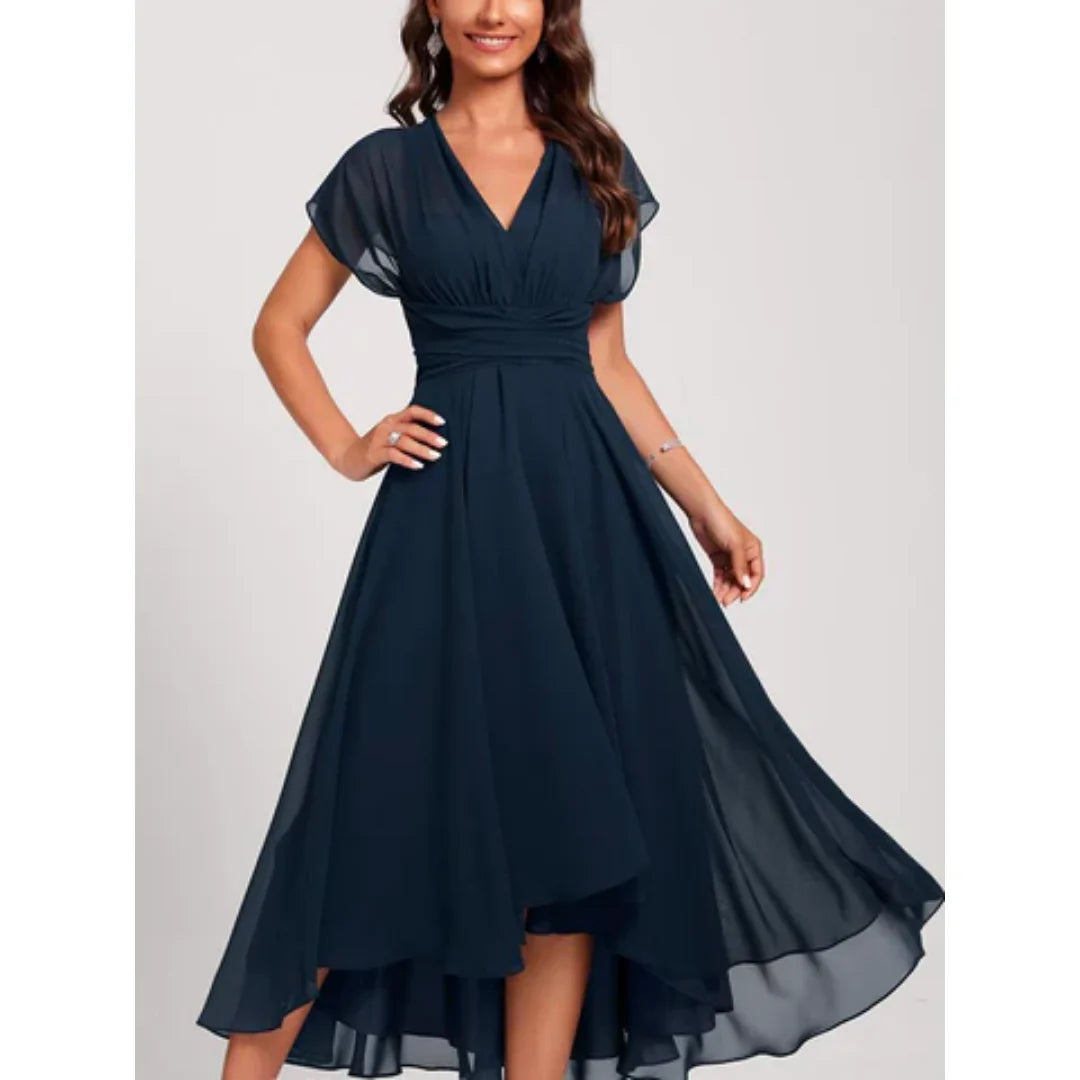 Femme Col V Manches Courtes Robe Élégante | Midi