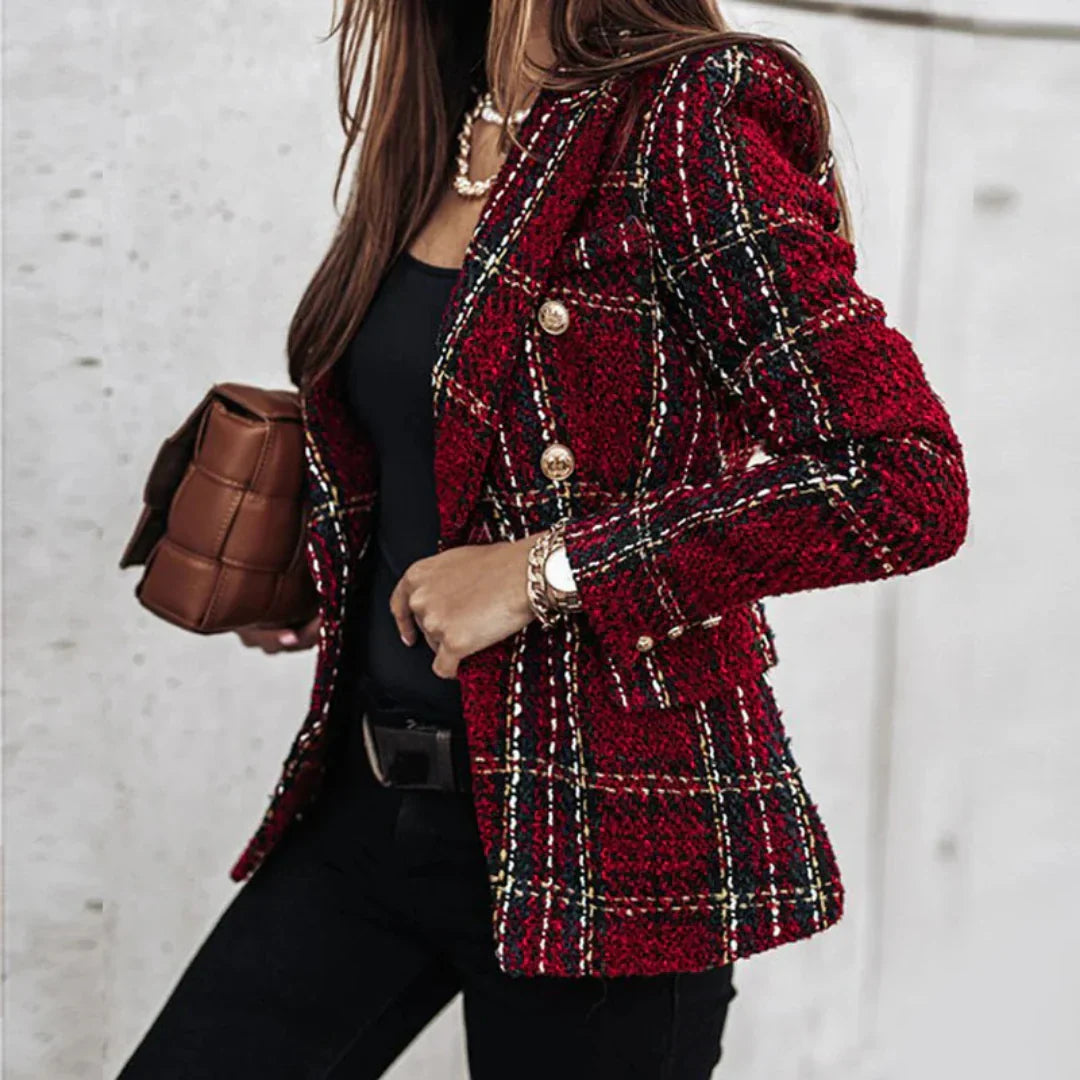 Femmes Blazer À Carreaux Manches Longues | Elegante