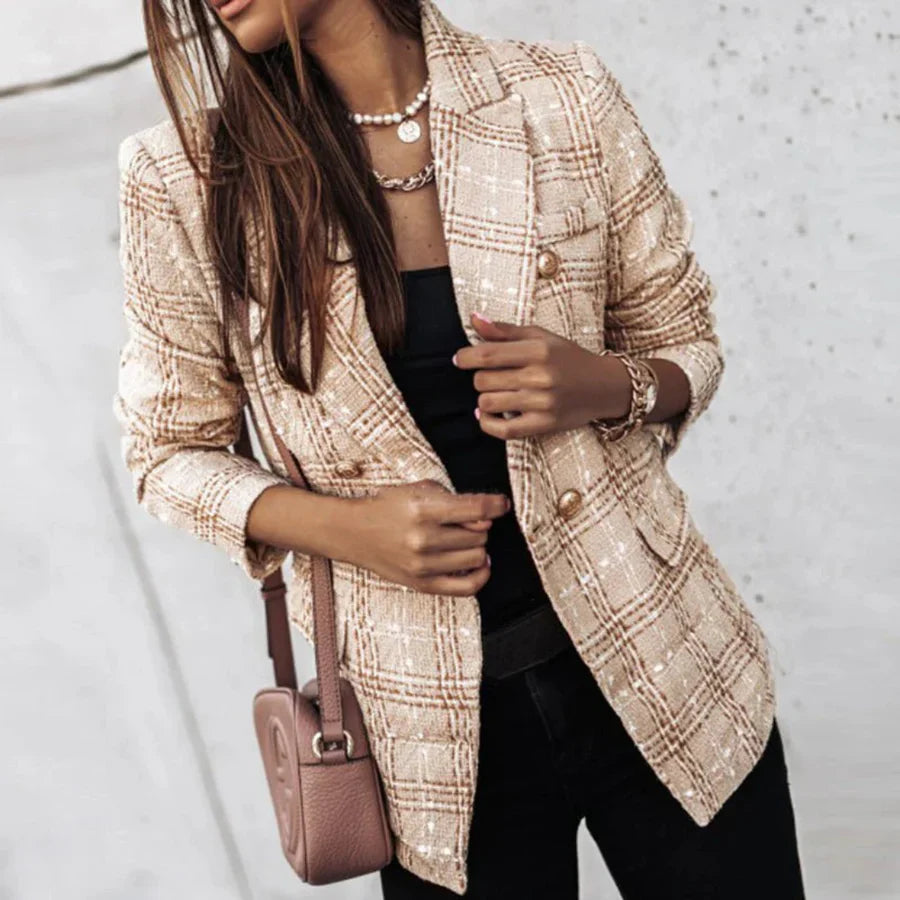 Femmes Blazer À Carreaux Manches Longues | Elegante