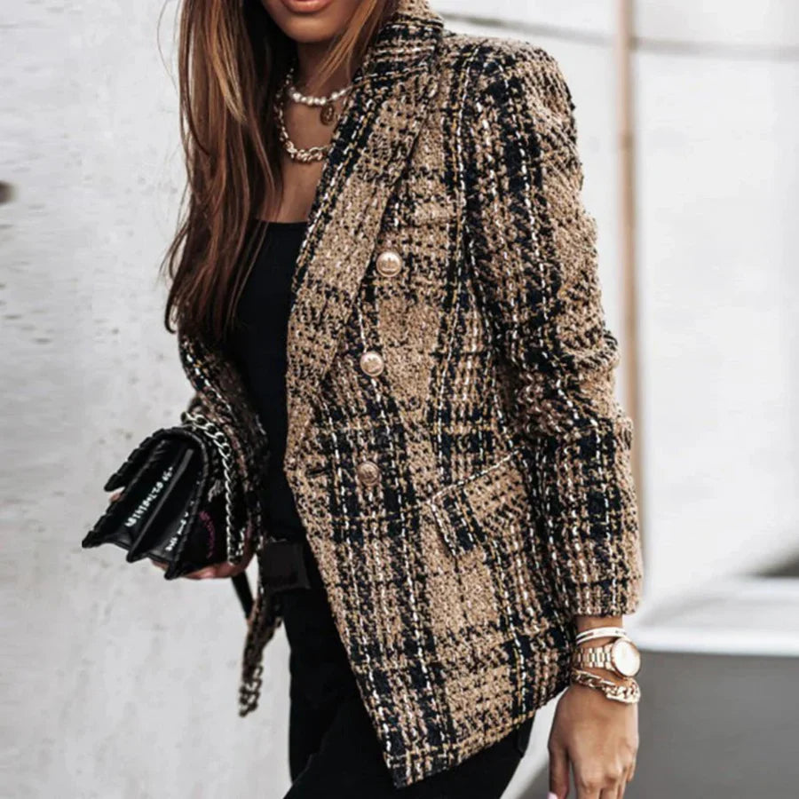 Femmes Blazer À Carreaux Manches Longues | Elegante