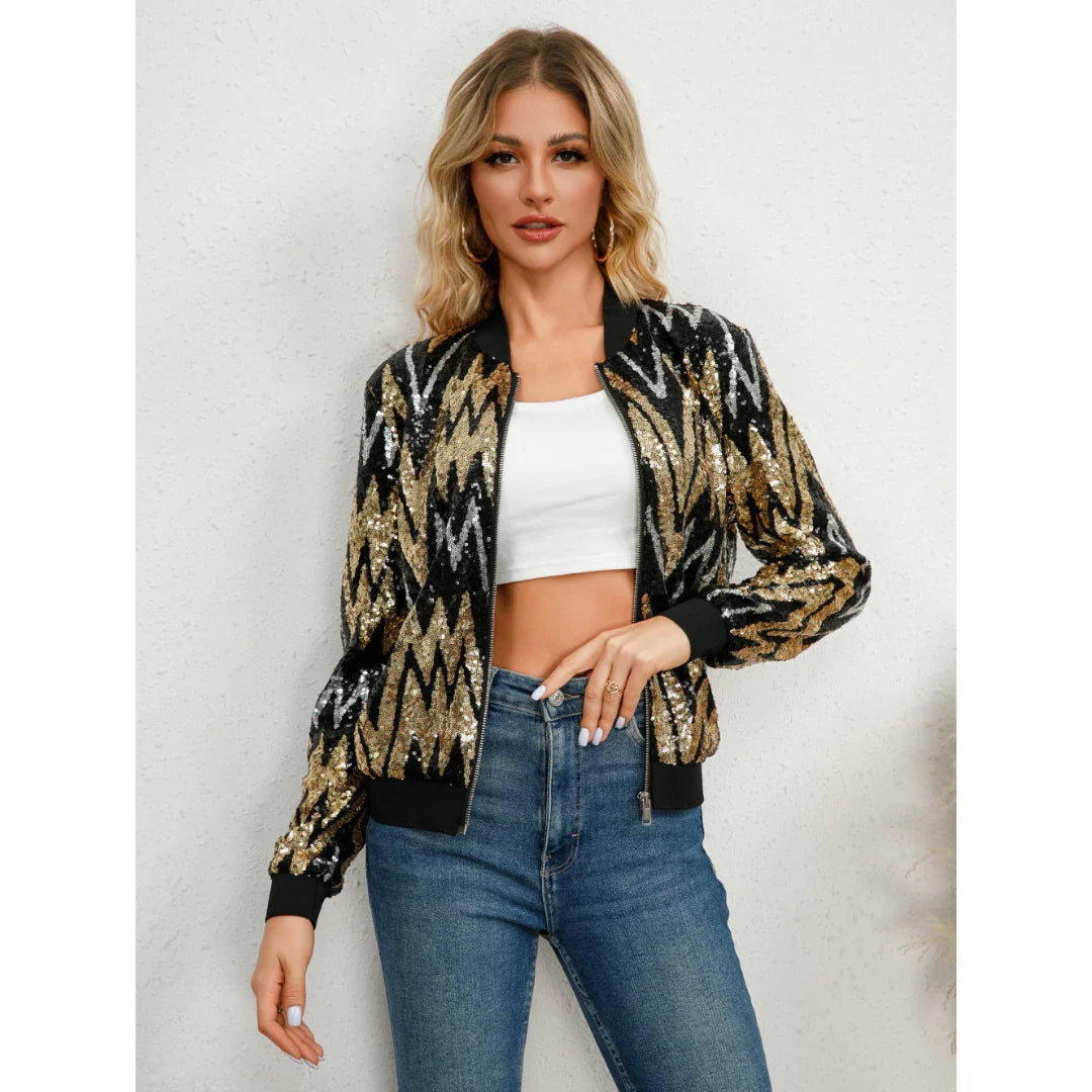Veste À Manches Longues À Paillettes Pour Femmes | Fermeture Éclair