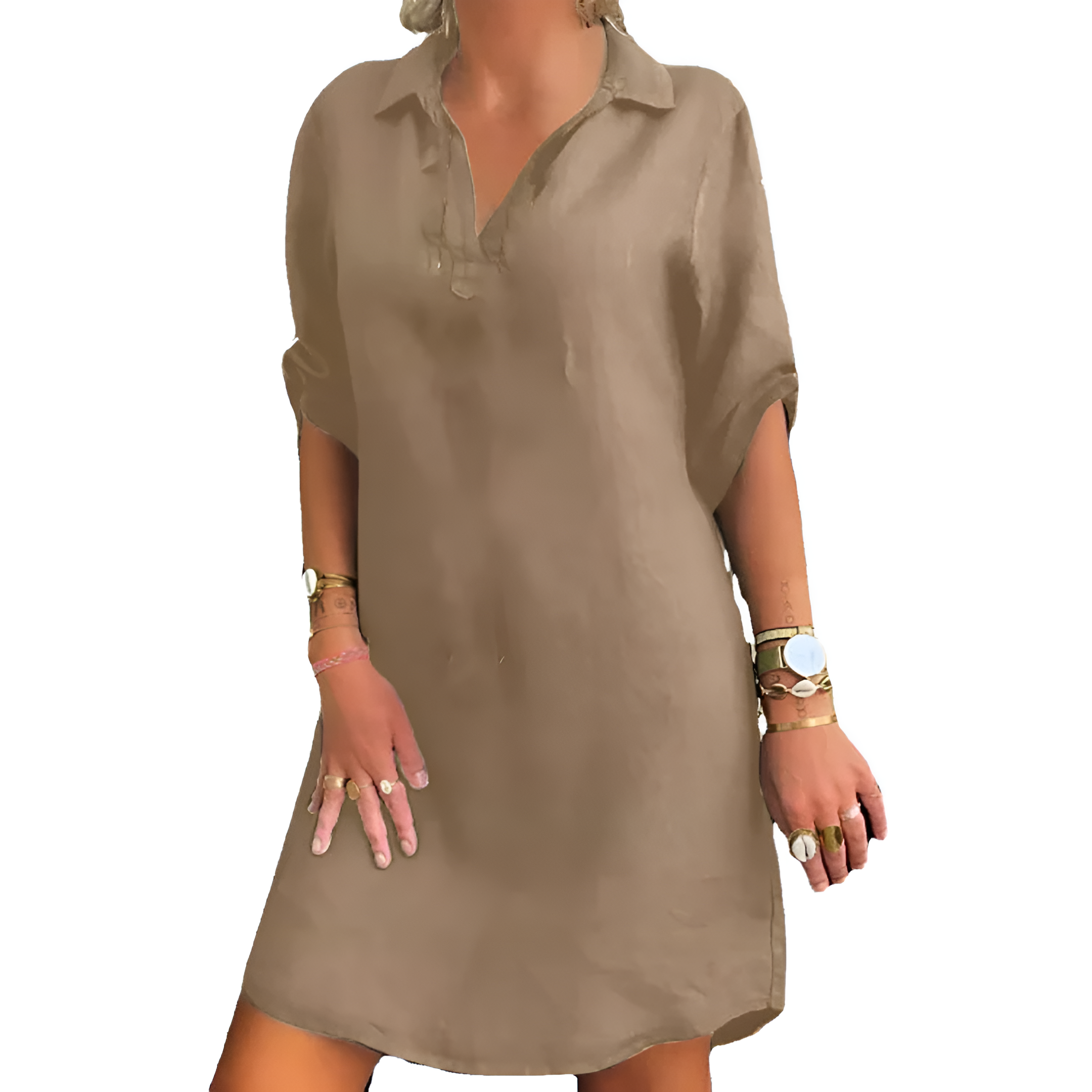 Robe Chemise Couleur Unie Et Décontractée à Manches 3/4 Pour Femmes | Midi