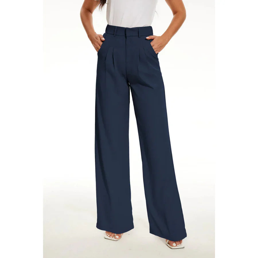 Femmes Pantalon Taille Haute À Plis | Jambes Larges