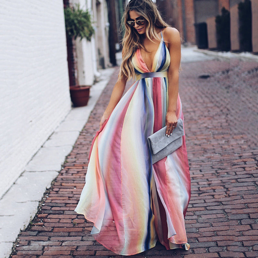 Femmes Robe Col V Rayée Multicolore | Maxi