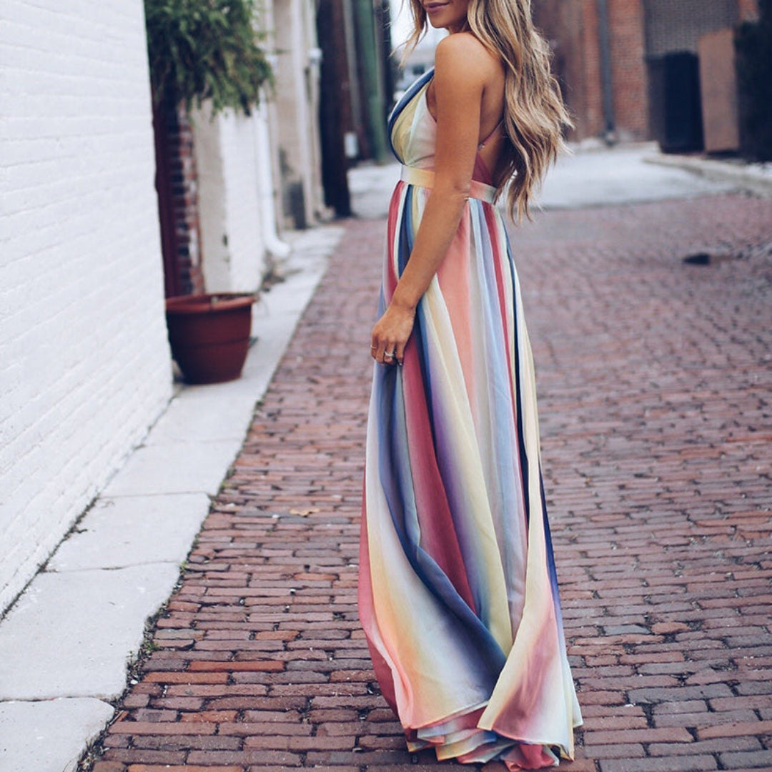 Femmes Robe Col V Rayée Multicolore | Maxi