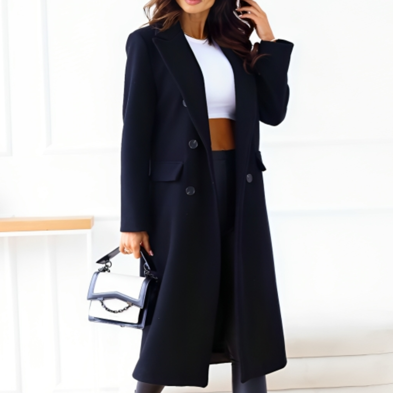 Marine | Femme Manteau élégant en laine Pour l'hiver | Chaud