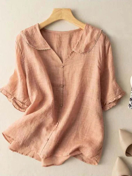 Chemise D'été Confortable À Manches Courtes Et Col De Poupée Pour Femmes | Chic